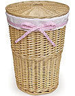 Natural Round Rattan Hamper w/White Waffle Liner & Four Ribbons